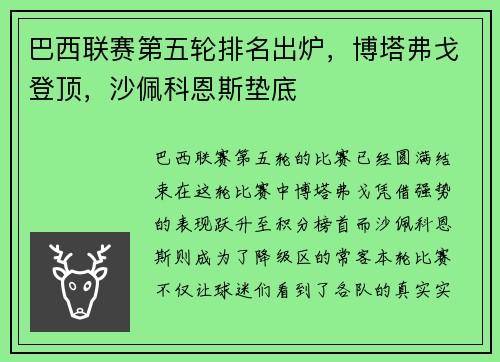 巴西联赛第五轮排名出炉，博塔弗戈登顶，沙佩科恩斯垫底