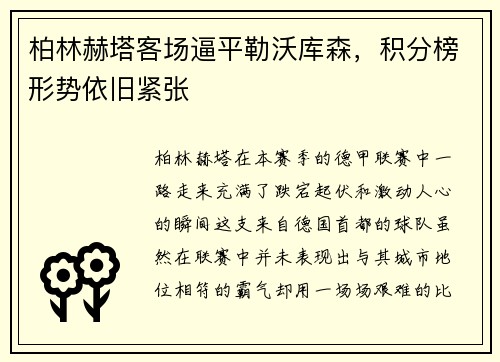 柏林赫塔客场逼平勒沃库森，积分榜形势依旧紧张