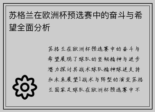 苏格兰在欧洲杯预选赛中的奋斗与希望全面分析