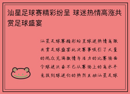 汕星足球赛精彩纷呈 球迷热情高涨共赏足球盛宴