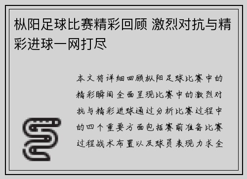 枞阳足球比赛精彩回顾 激烈对抗与精彩进球一网打尽