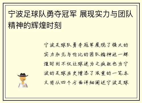 宁波足球队勇夺冠军 展现实力与团队精神的辉煌时刻