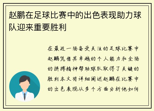 赵鹏在足球比赛中的出色表现助力球队迎来重要胜利