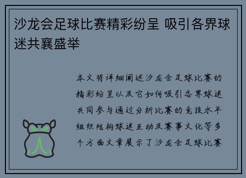 沙龙会足球比赛精彩纷呈 吸引各界球迷共襄盛举