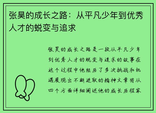 张昊的成长之路：从平凡少年到优秀人才的蜕变与追求
