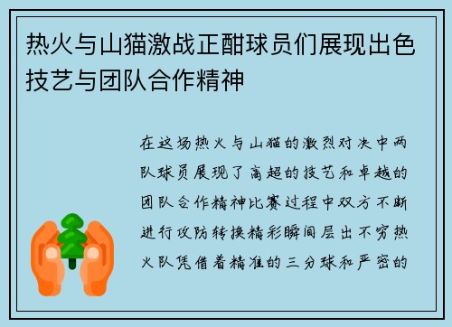 热火与山猫激战正酣球员们展现出色技艺与团队合作精神