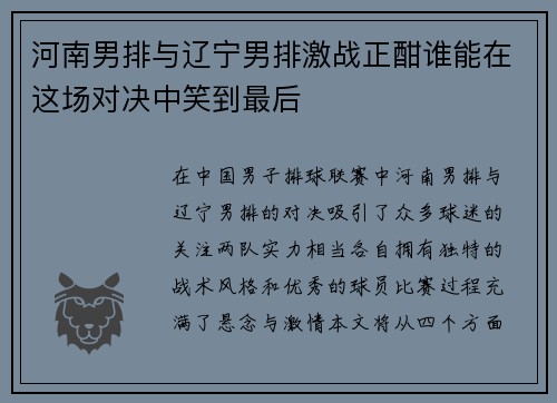 河南男排与辽宁男排激战正酣谁能在这场对决中笑到最后