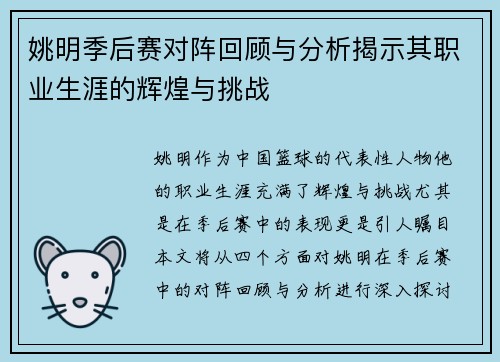 姚明季后赛对阵回顾与分析揭示其职业生涯的辉煌与挑战